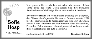 Traueranzeige von Sofie Hosp von Allgäuer Zeitung, Marktoberdorf