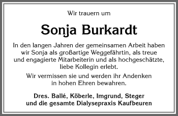 Traueranzeige von Sonja Burkardt von Allgäuer Zeitung, Kaufbeuren/Buchloe