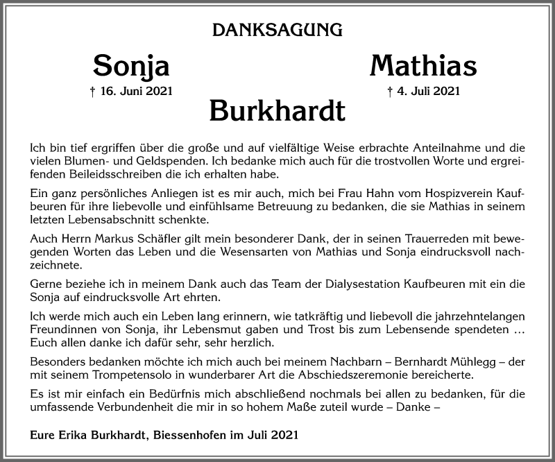  Traueranzeige für Sonja Burkhardt vom 24.07.2021 aus Allgäuer Zeitung, Kaufbeuren/Buchloe