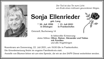 Traueranzeige von Sonja Ellenrieder von Allgäuer Zeitung, Kaufbeuren/Buchloe