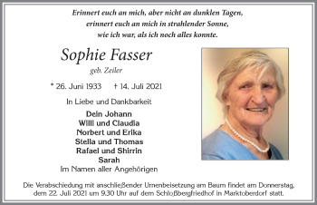 Traueranzeige von Sophie Fasser von Allgäuer Zeitung, Marktoberdorf