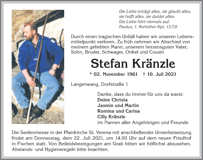  Traueranzeige für Stefan Kränzle vom 20.07.2021 aus Allgäuer Anzeigeblatt