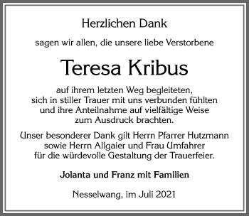Traueranzeige von Teresa Kribus von Allgäuer Zeitung, Füssen