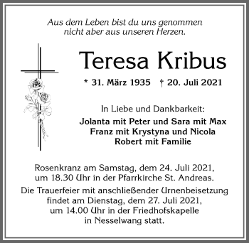 Traueranzeige von Teresa Kribus von Allgäuer Zeitung, Füssen