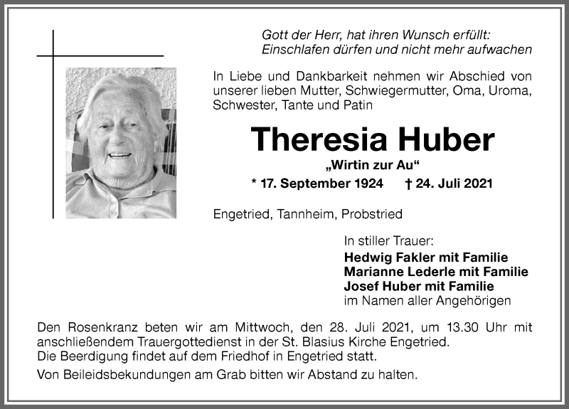  Traueranzeige für Theresia Huber vom 27.07.2021 aus Memminger Zeitung