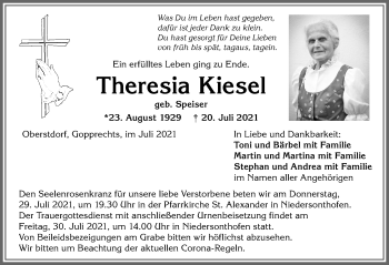 Traueranzeige von Theresia Kiesel von Allgäuer Zeitung