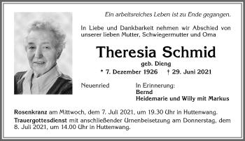 Traueranzeige von Theresia Schmid von Allgäuer Zeitung, Marktoberdorf