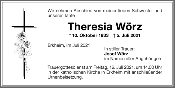 Traueranzeige von Theresia Wörz von Memminger Zeitung