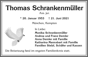 Traueranzeige von Thomas Schrankenmüller von Allgäuer Zeitung,Kempten