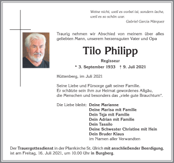 Traueranzeige von Tilo Philipp von Allgäuer Anzeigeblatt