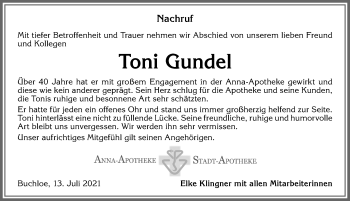 Traueranzeige von Toni Gundel von Allgäuer Zeitung, Kaufbeuren/Buchloe