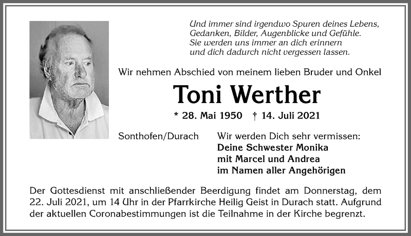  Traueranzeige für Toni Werther vom 21.07.2021 aus Allgäuer Anzeigeblatt