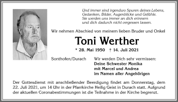 Traueranzeige von Toni Werther von Allgäuer Anzeigeblatt