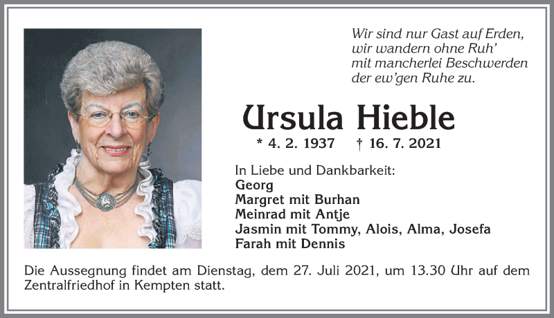  Traueranzeige für Ursula Hieble vom 24.07.2021 aus Allgäuer Zeitung,Kempten