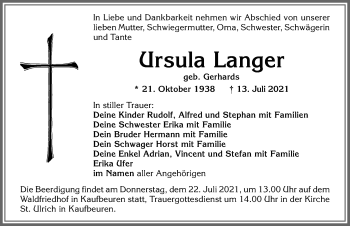 Traueranzeige von Ursula Langer von Allgäuer Zeitung