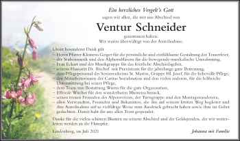 Traueranzeige von Ventur Schneider von Der Westallgäuer