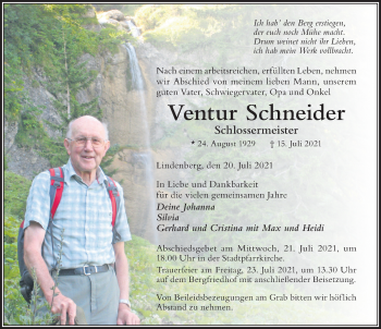 Traueranzeige von Ventur Schneider von Der Westallgäuer
