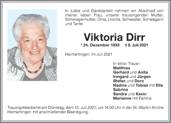 Traueranzeige von Viktoria Dirr von Memminger Zeitung