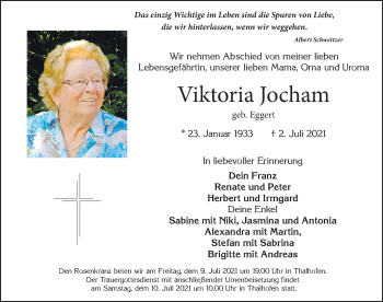 Traueranzeige von Viktoria Jocham von Allgäuer Zeitung, Marktoberdorf