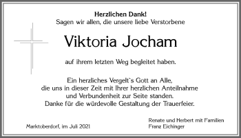 Traueranzeige von Viktoria Jocham von Allgäuer Zeitung, Marktoberdorf
