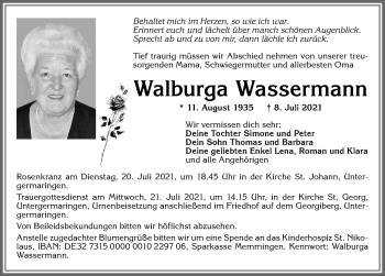 Traueranzeige von Walburga Wassermann von Allgäuer Zeitung, Kaufbeuren/Buchloe