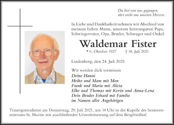 Traueranzeige von Waldemar Fister von Der Westallgäuer