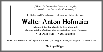 Traueranzeige von Walter Anton Hofmaier von Allgäuer Zeitung,Kempten