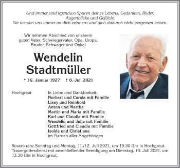 Traueranzeige von Wendelin Stadtmüller von Allgäuer Zeitung
