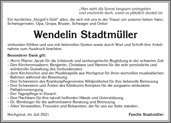 Traueranzeige von Wendelin Stadtmüller von Allgäuer Zeitung