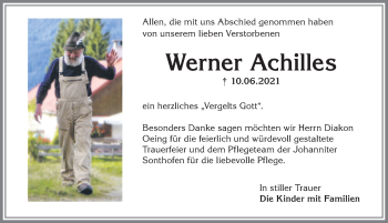 Traueranzeige von Werner Achilles von Allgäuer Anzeigeblatt