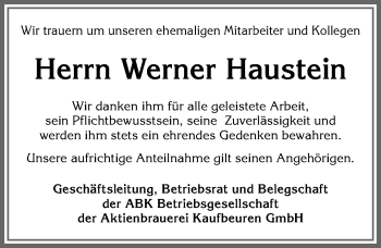 Traueranzeige von Werner Haustein von Allgäuer Zeitung, Kaufbeuren/Buchloe