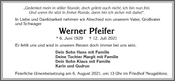 Traueranzeige von Werner Pfeifer von Allgäuer Zeitung, Kaufbeuren/Buchloe
