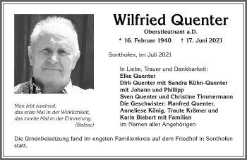 Traueranzeige von Wilfried Quenter von Allgäuer Anzeigeblatt