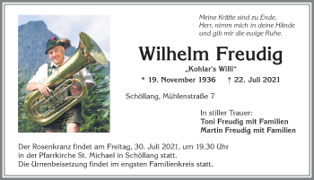 Traueranzeige von Wilhelm Freudig von Allgäuer Anzeigeblatt