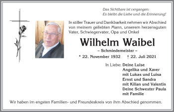 Traueranzeige von Wilhelm Waibel von Allgäuer Anzeigeblatt