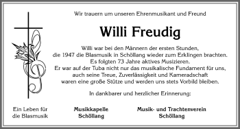 Traueranzeige von Wilhelm Freudig von Allgäuer Anzeigeblatt