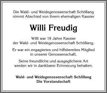 Traueranzeige von Wilhelm Freudig von Allgäuer Anzeigeblatt