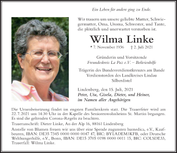 Traueranzeige von Wilma Linke von Der Westallgäuer