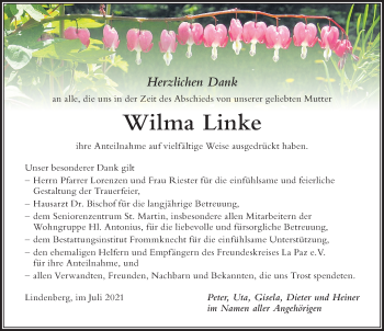 Traueranzeige von Wilma Linke von Der Westallgäuer