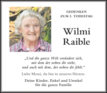 Traueranzeige von Wilmi Raible von Der Westallgäuer