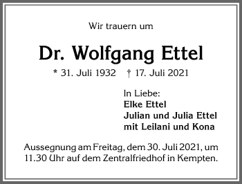 Traueranzeige von Wolfgang Ettel von Allgäuer Zeitung,Kempten