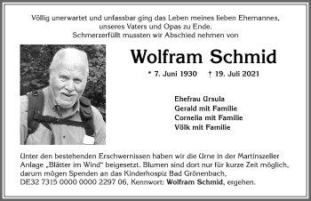 Traueranzeige von Wolfram Schmid von Allgäuer Zeitung,Kempten