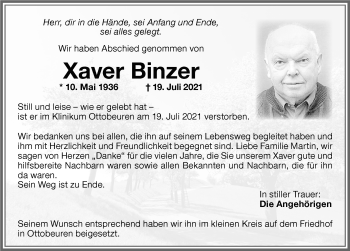 Traueranzeige von Xaver Binzer von Memminger Zeitung