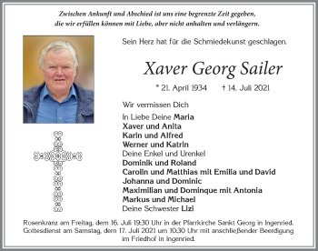 Traueranzeige von Xaver Georg Sailer von Allgäuer Zeitung, Marktoberdorf