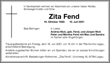 Traueranzeige von Zita Fend von Memminger Zeitung