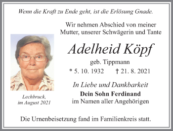 Traueranzeige von Adelheid Köpf von Allgäuer Zeitung, Füssen