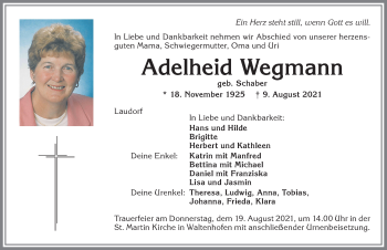 Traueranzeige von Adelheid Wegmann von Allgäuer Zeitung,Kempten
