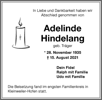 Traueranzeige von Adelinde Hindelang von Allgäuer Zeitung,Kempten