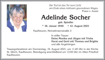 Traueranzeige von Adelinde Socher von Allgäuer Zeitung, Kaufbeuren/Buchloe