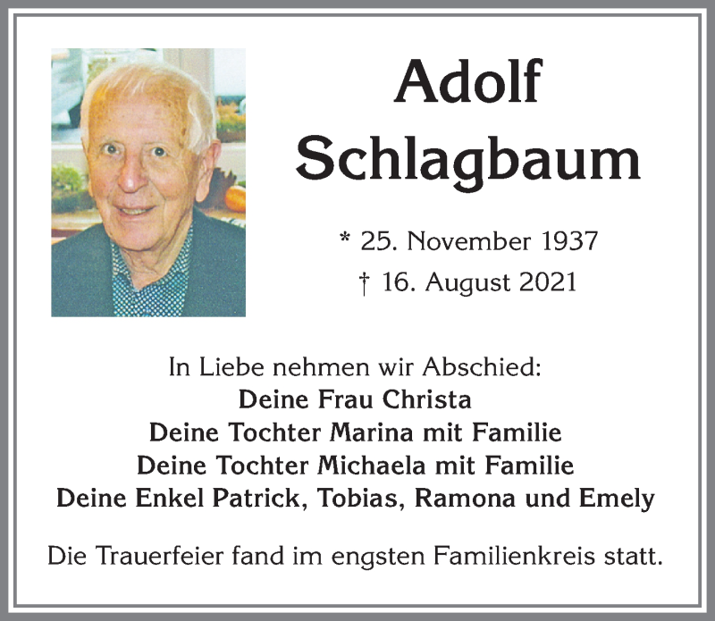  Traueranzeige für Adolf Schlagbaum vom 21.08.2021 aus Allgäuer Zeitung, Kaufbeuren/Buchloe